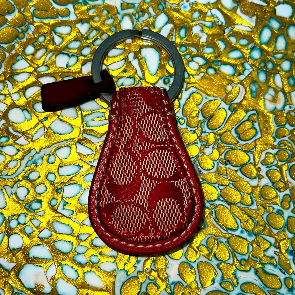 Coach Signature Monogram Canvas Key Chain w/ Leather Trim (Red)